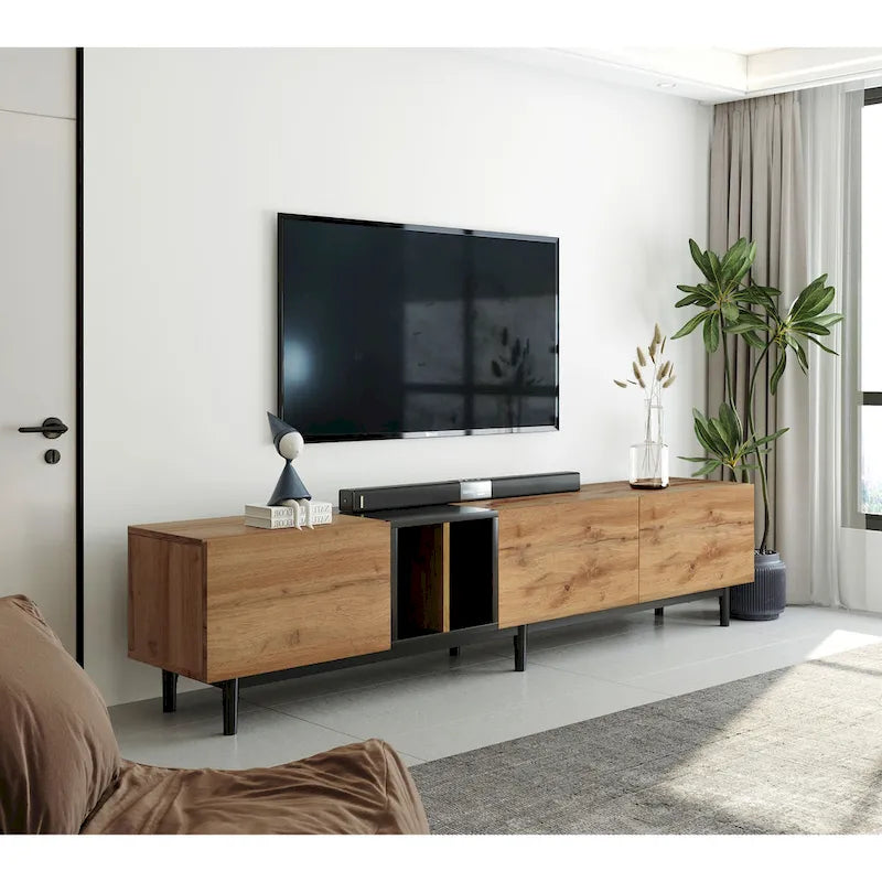 Mobile TV Bianco/Legno Naturale con Ante a Ribalta, Adatto a TV Fino a 80", Per 1-2 Utenti