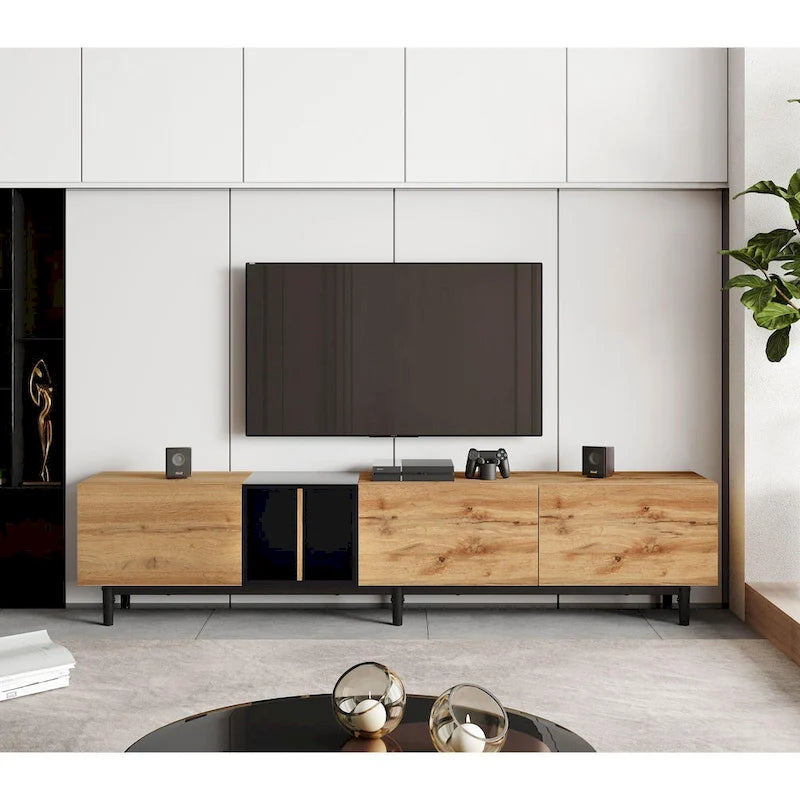 Mobile TV Bianco/Legno Naturale con Ante a Ribalta, Adatto a TV Fino a 80", Per 1-2 Utenti