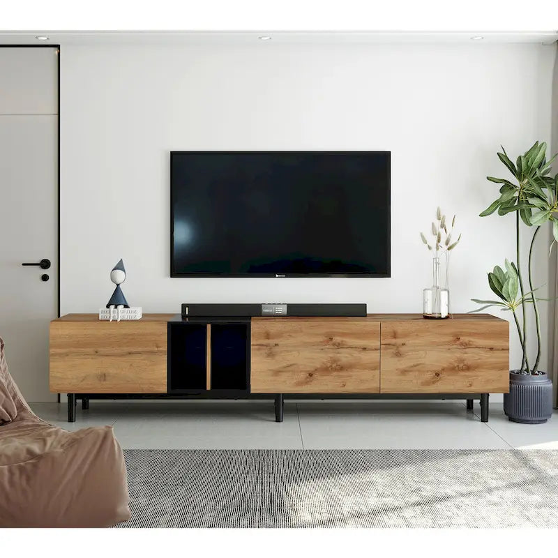 Mobile TV Bianco/Legno Naturale con Ante a Ribalta, Adatto a TV Fino a 80", Per 1-2 Utenti