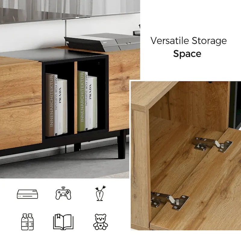 Mobile TV Bianco/Legno Naturale con Ante a Ribalta, Adatto a TV Fino a 80", Per 1-2 Utenti