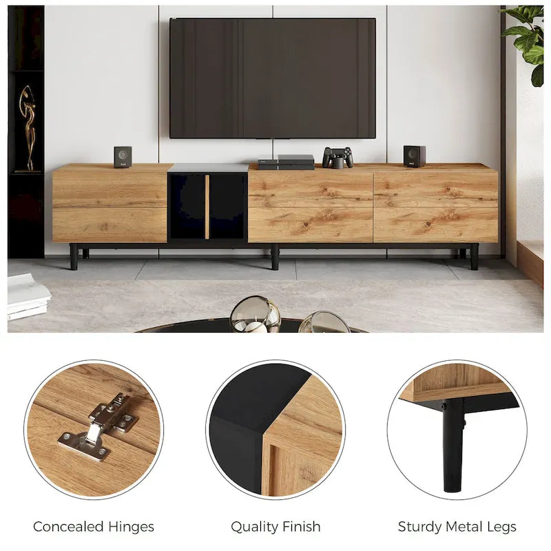 Mobile TV Bianco/Legno Naturale con Ante a Ribalta, Adatto a TV Fino a 80", Per 1-2 Utenti
