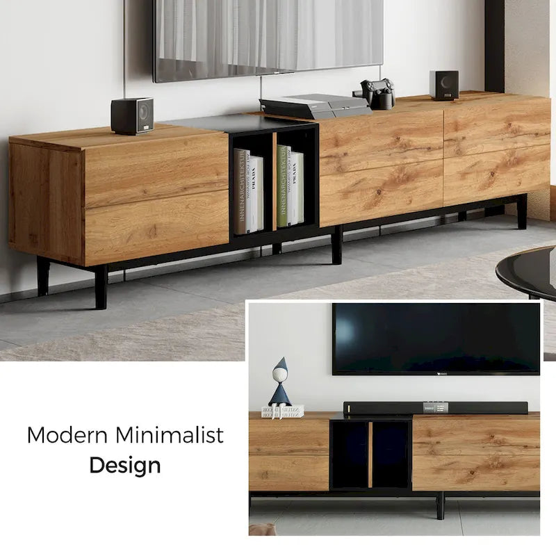 Mobile TV Bianco/Legno Naturale con Ante a Ribalta, Adatto a TV Fino a 80", Per 1-2 Utenti