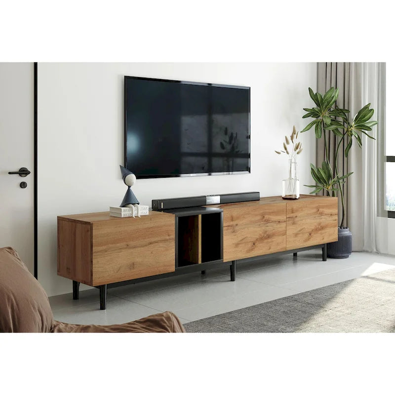 Mobile TV Bianco/Legno Naturale con Ante a Ribalta, Adatto a TV Fino a 80", Per 1-2 Utenti