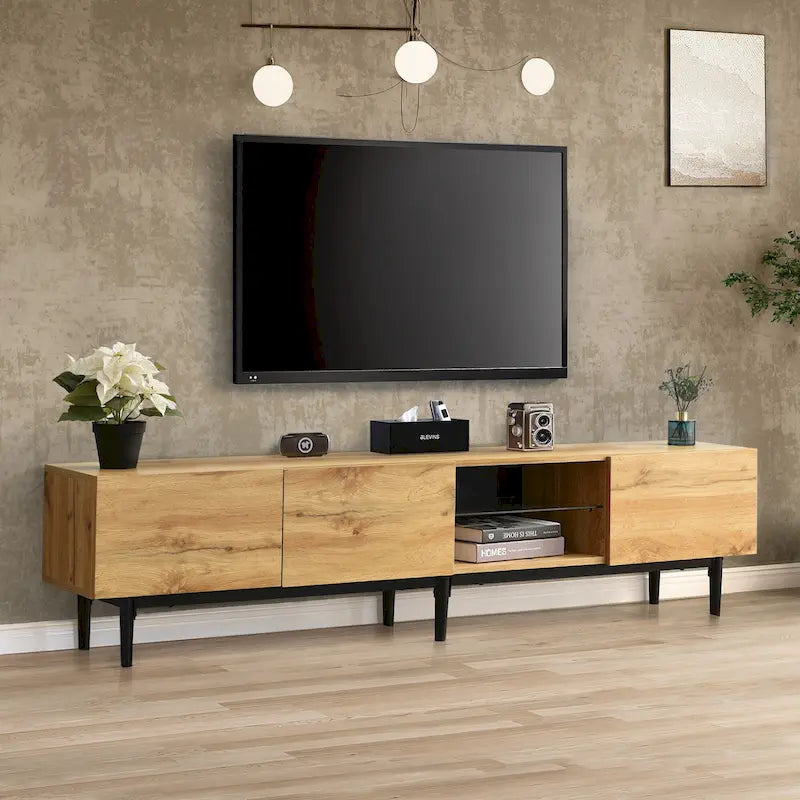 Colore legno, Porta TV da 70" con LED e contenitore, Montaggio per 2 persone, Adatto a TV fino a 80"