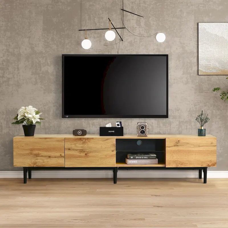 Colore legno, Porta TV da 70" con LED e contenitore, Montaggio per 2 persone, Adatto a TV fino a 80"