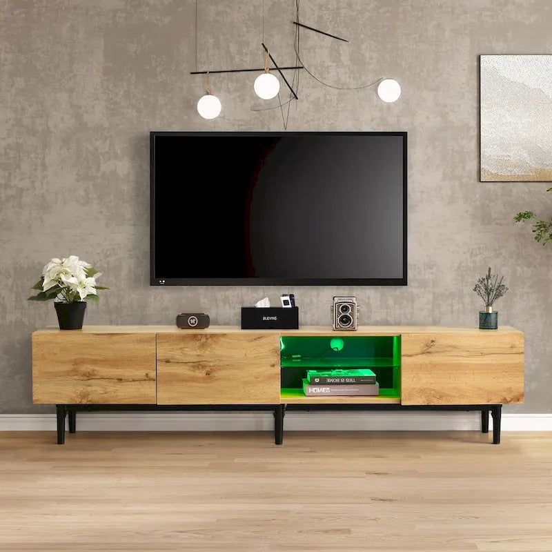 Colore legno, Porta TV da 70" con LED e contenitore, Montaggio per 2 persone, Adatto a TV fino a 80"