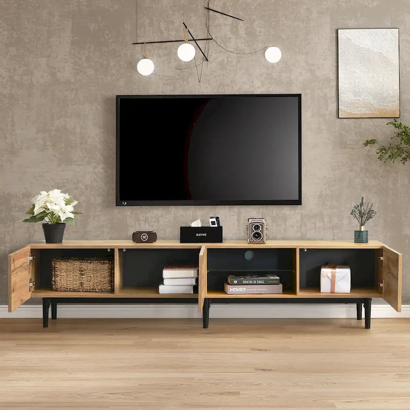 Colore legno, Porta TV da 70" con LED e contenitore, Montaggio per 2 persone, Adatto a TV fino a 80"