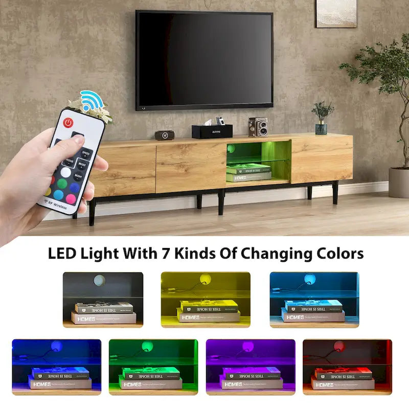 Colore legno, Porta TV da 70" con LED e contenitore, Montaggio per 2 persone, Adatto a TV fino a 80"
