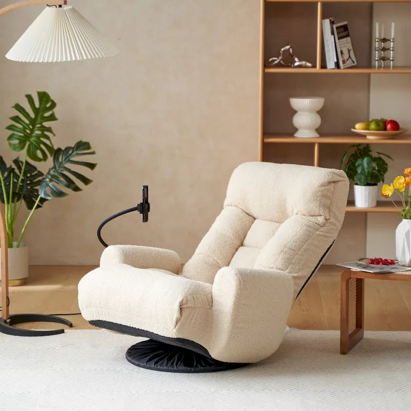 Poltrona reclinabile girevole a 360° in bouclé giallo/beige/verde/grigio, regolabile in 5 angolazioni, seduta singola