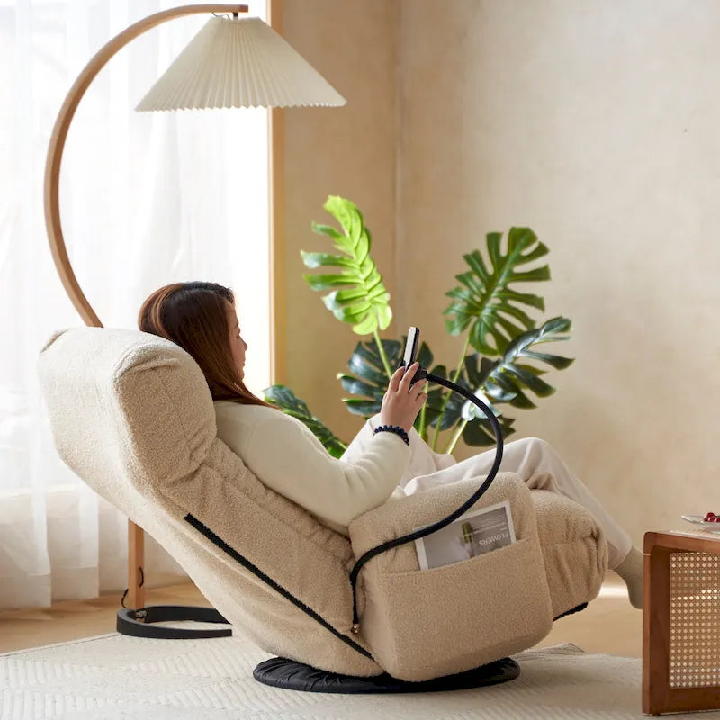 Poltrona reclinabile girevole a 360° in bouclé giallo/beige/verde/grigio, regolabile in 5 angolazioni, seduta singola