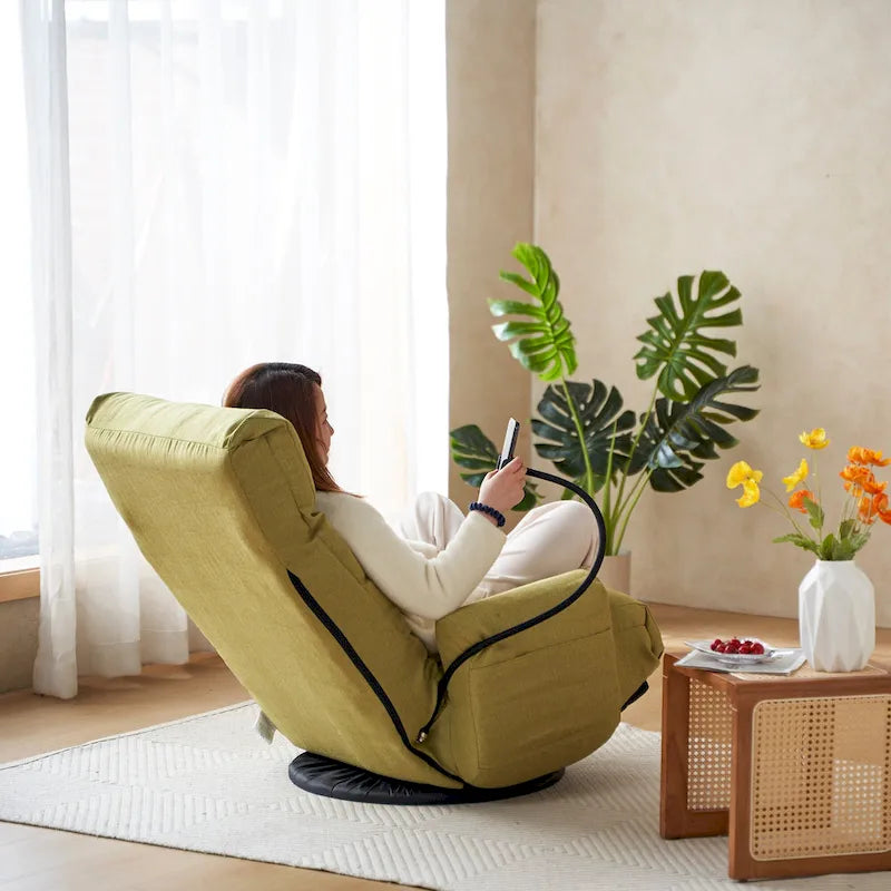 Poltrona reclinabile girevole a 360° in bouclé giallo/beige/verde/grigio, regolabile in 5 angolazioni, seduta singola