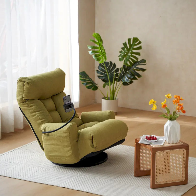 Poltrona reclinabile girevole a 360° in bouclé giallo/beige/verde/grigio, regolabile in 5 angolazioni, seduta singola