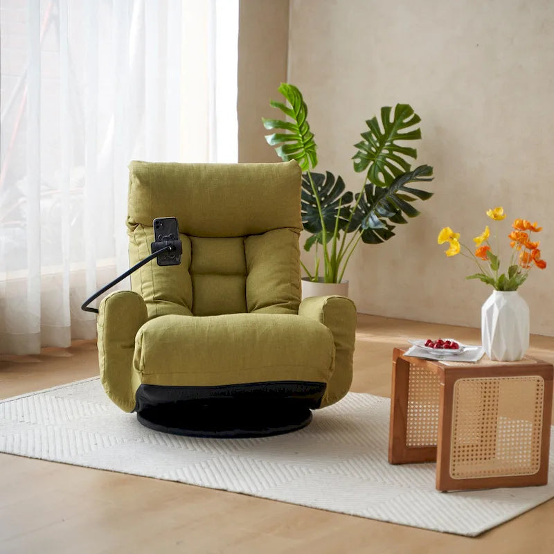 Poltrona reclinabile girevole a 360° in bouclé giallo/beige/verde/grigio, regolabile in 5 angolazioni, seduta singola