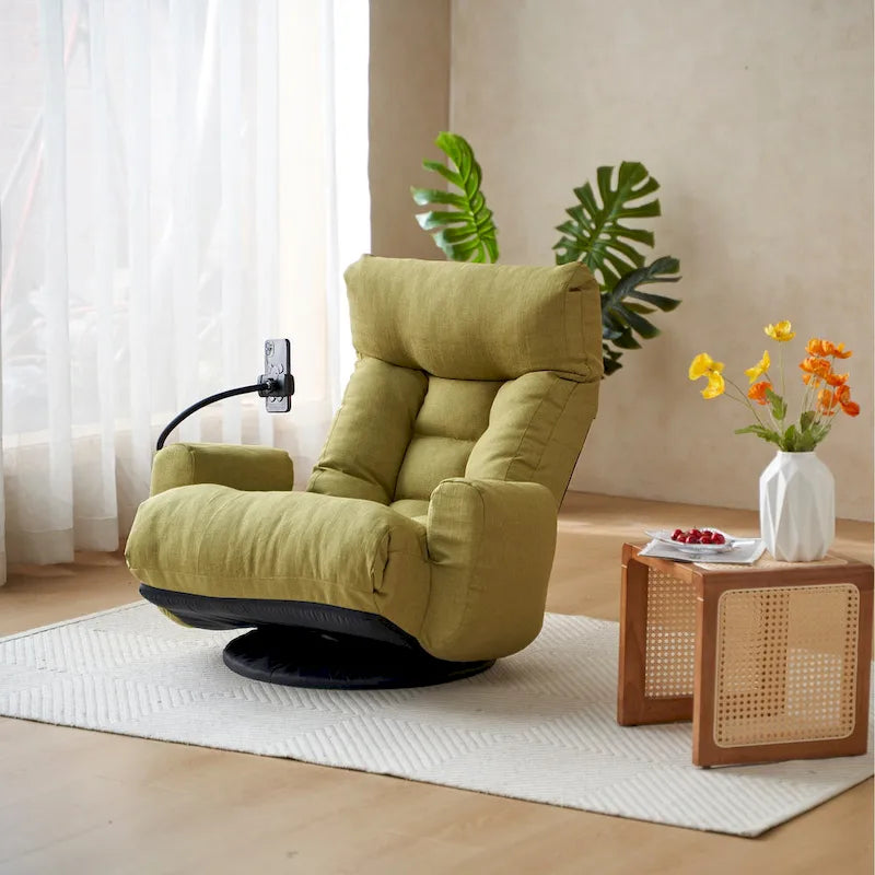 Poltrona reclinabile girevole a 360° in bouclé giallo/beige/verde/grigio, regolabile in 5 angolazioni, seduta singola
