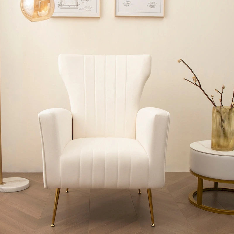 Poltrona singola Wingback in velluto bianco con gambe dorate