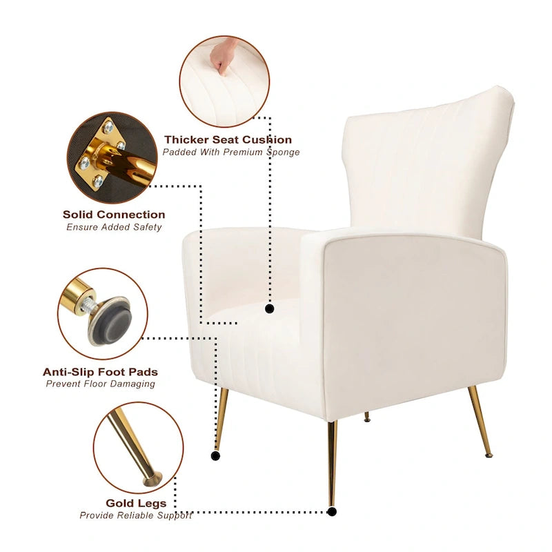 Poltrona singola Wingback in velluto bianco con gambe dorate
