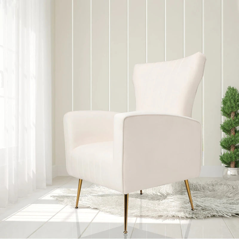 Poltrona singola Wingback in velluto bianco con gambe dorate