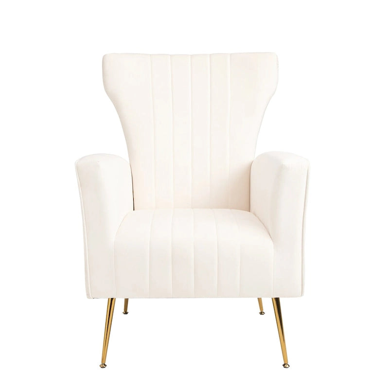 Poltrona singola Wingback in velluto bianco con gambe dorate