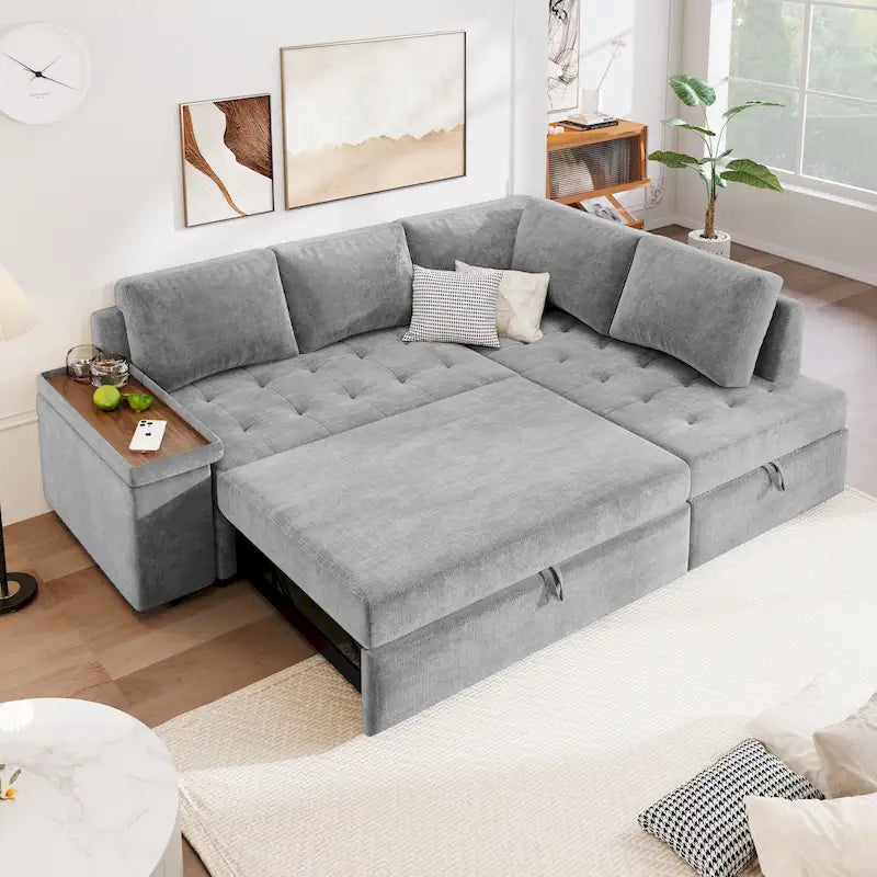 Divano letto estraibile a L grigio/grigio chiaro con contenitore, 3-4 posti