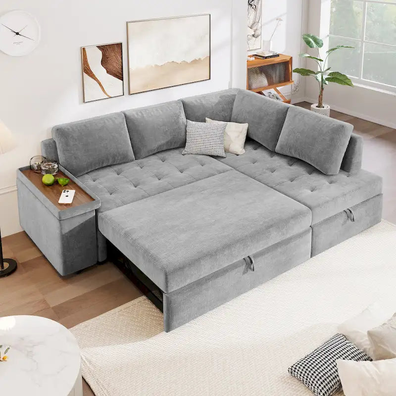 91.5  L-Shaped 4 Seater Sectional Sofa Couch with Pull-Out Bed, Hidden Storage and Functional Armrests, for Living Room