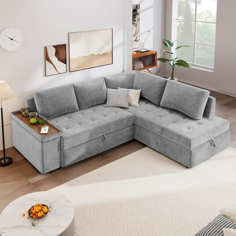 Divano letto estraibile a L grigio/grigio chiaro con contenitore, 3-4 posti