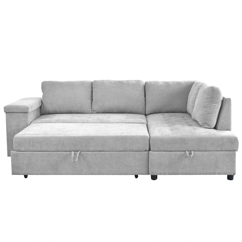 Divano letto estraibile a L grigio/grigio chiaro con contenitore, 3-4 posti