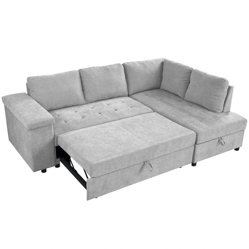 Divano letto estraibile a L grigio/grigio chiaro con contenitore, 3-4 posti