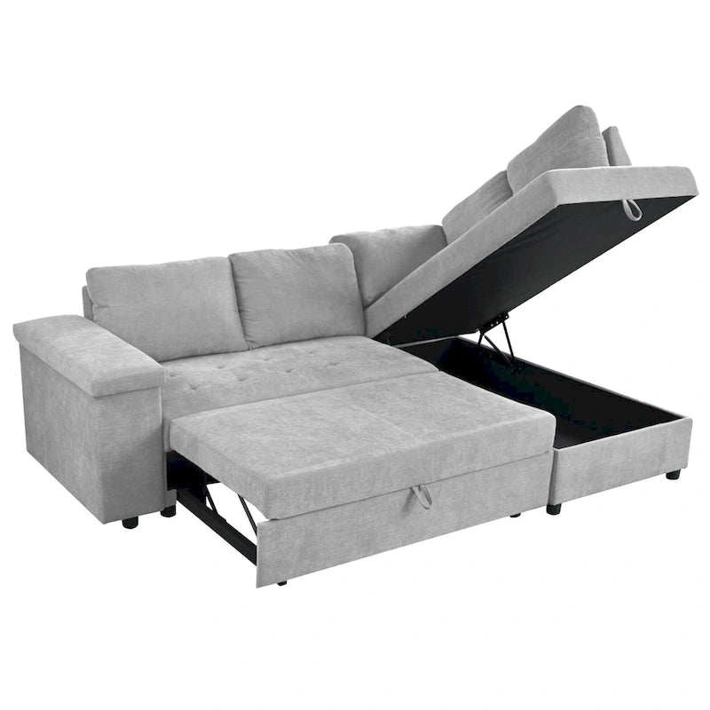 Divano letto estraibile a L grigio/grigio chiaro con contenitore, 3-4 posti