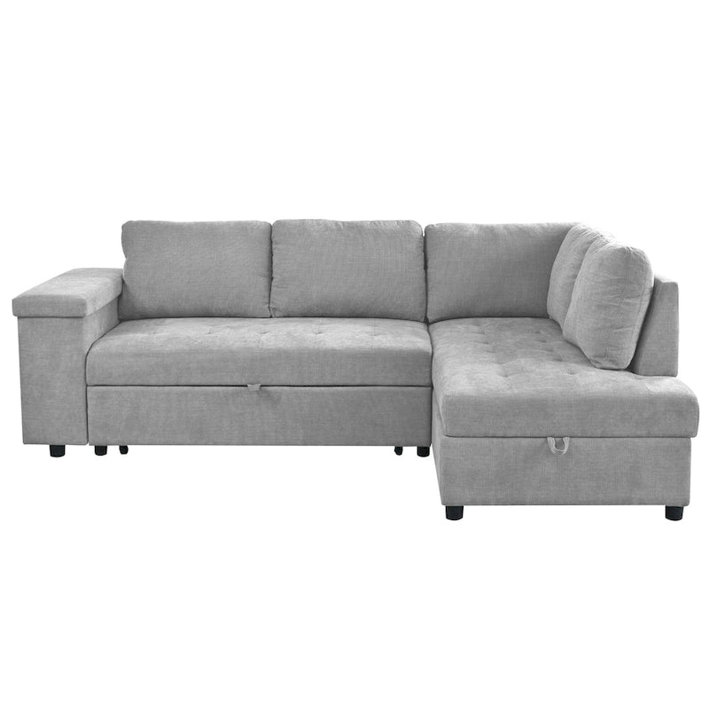 Divano letto estraibile a L grigio/grigio chiaro con contenitore, 3-4 posti