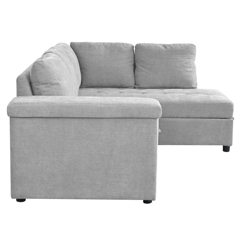 Divano letto estraibile a L grigio/grigio chiaro con contenitore, 3-4 posti