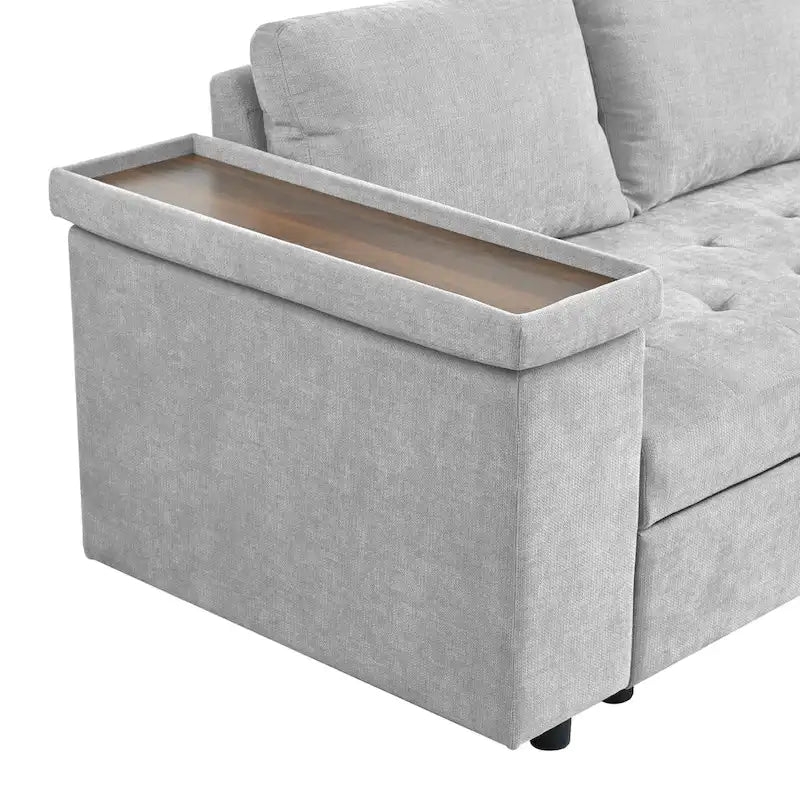 Divano letto estraibile a L grigio/grigio chiaro con contenitore, 3-4 posti