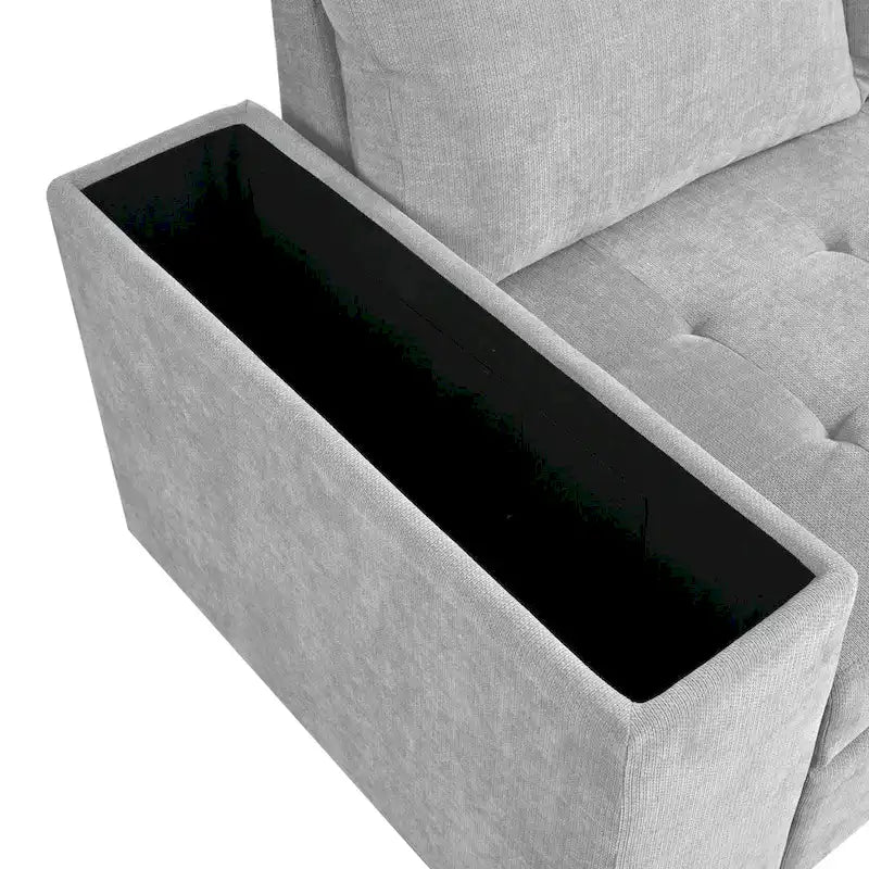Divano letto estraibile a L grigio/grigio chiaro con contenitore, 3-4 posti
