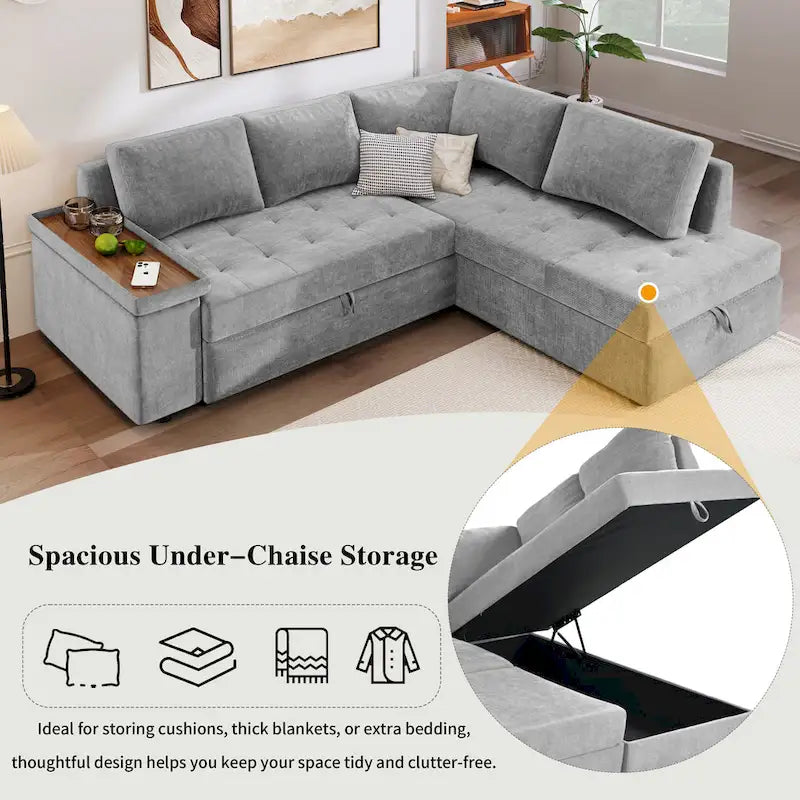 Divano letto estraibile a L grigio/grigio chiaro con contenitore, 3-4 posti