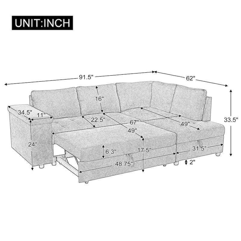 Divano letto estraibile a L grigio/grigio chiaro con contenitore, 3-4 posti