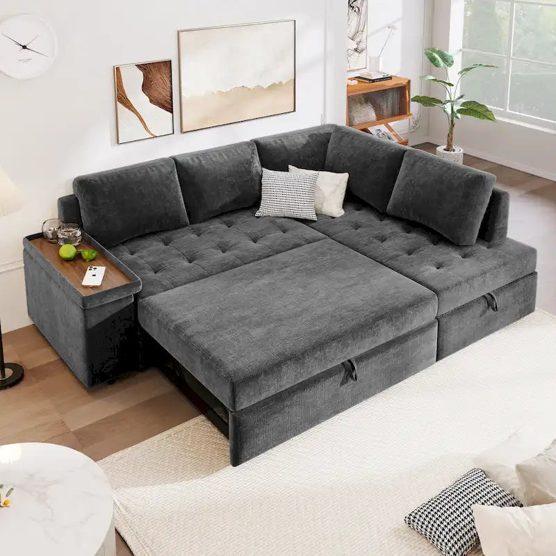 Divano letto estraibile a L grigio/grigio chiaro con contenitore, 3-4 posti