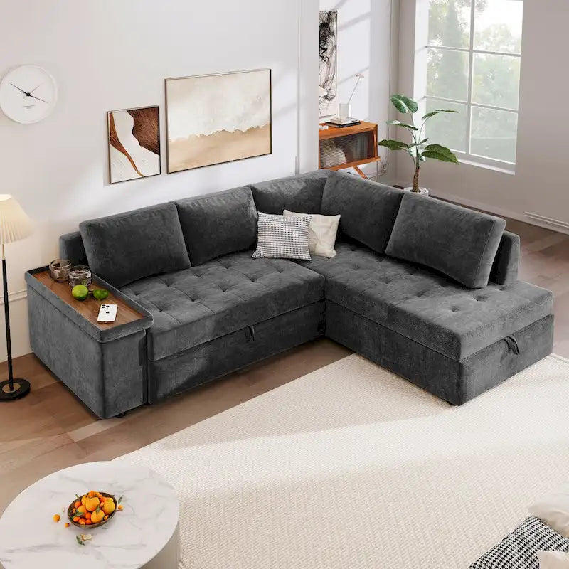 Divano letto estraibile a L grigio/grigio chiaro con contenitore, 3-4 posti