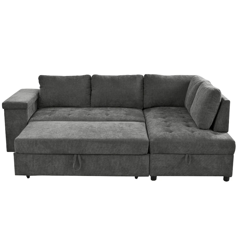 Divano letto estraibile a L grigio/grigio chiaro con contenitore, 3-4 posti