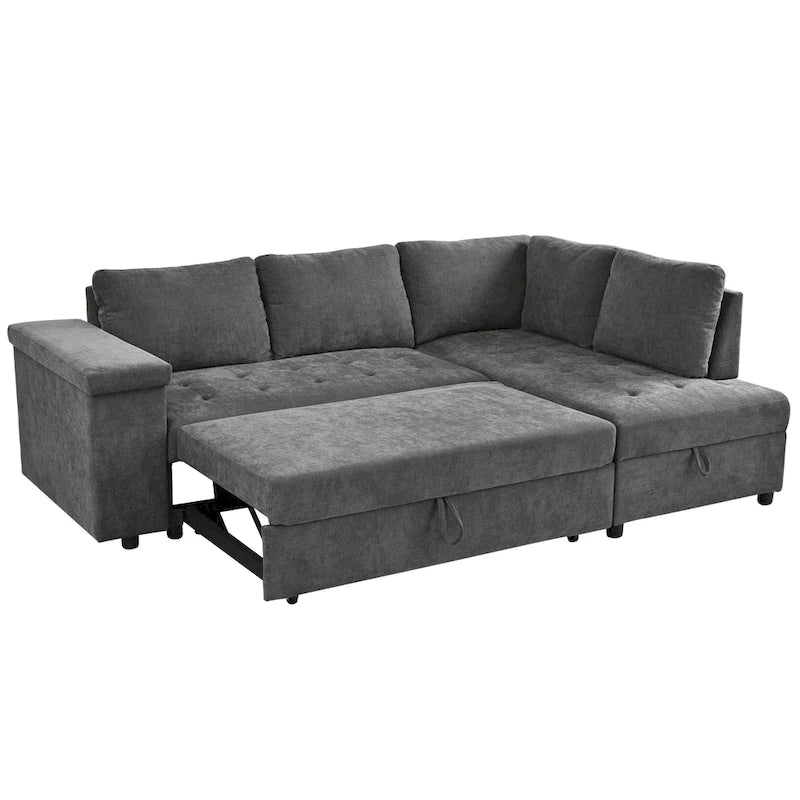 Divano letto estraibile a L grigio/grigio chiaro con contenitore, 3-4 posti