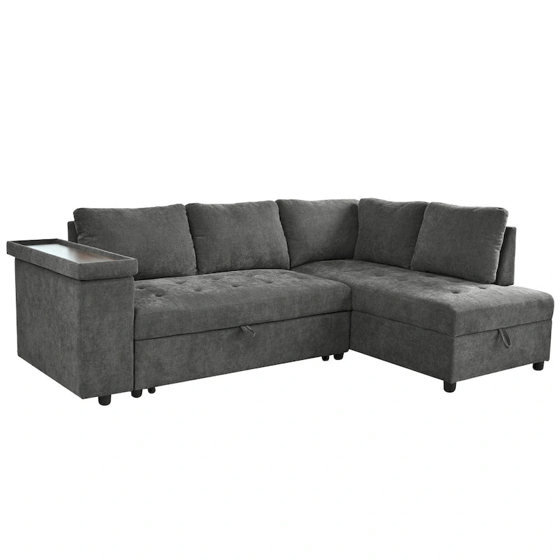 Divano letto estraibile a L grigio/grigio chiaro con contenitore, 3-4 posti
