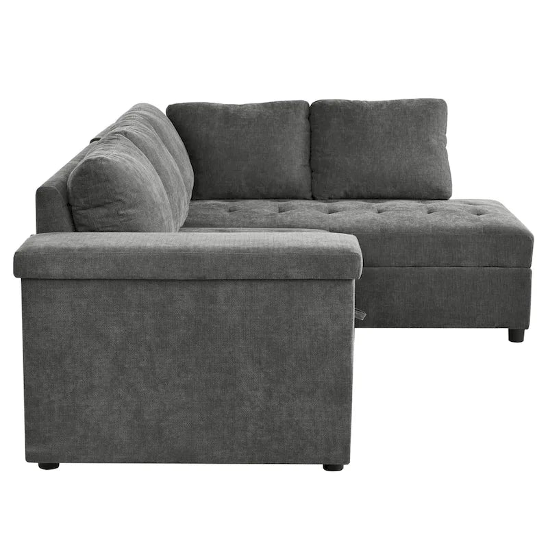 Divano letto estraibile a L grigio/grigio chiaro con contenitore, 3-4 posti