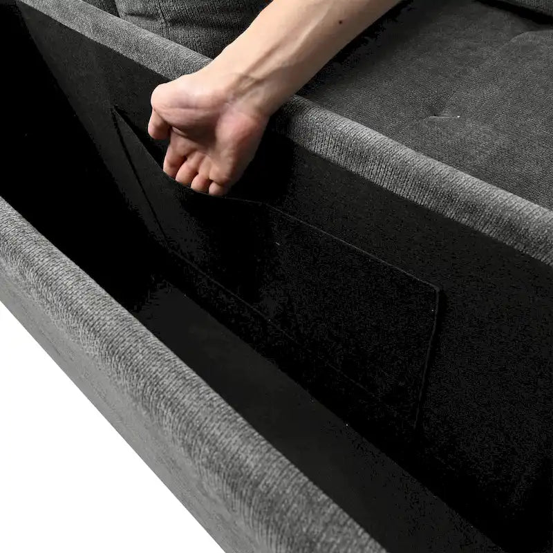 Divano letto estraibile a L grigio/grigio chiaro con contenitore, 3-4 posti