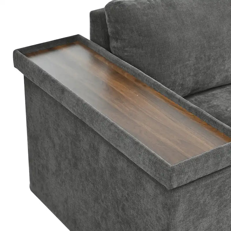 Divano letto estraibile a L grigio/grigio chiaro con contenitore, 3-4 posti