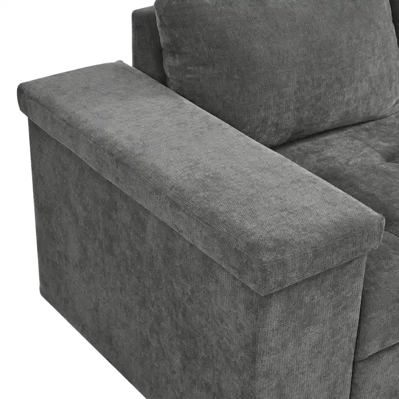 Divano letto estraibile a L grigio/grigio chiaro con contenitore, 3-4 posti