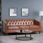 Light Brown Modern 81  Faux Leather Button Tufted 3-seater Sofa with Wood Legs for Living Room