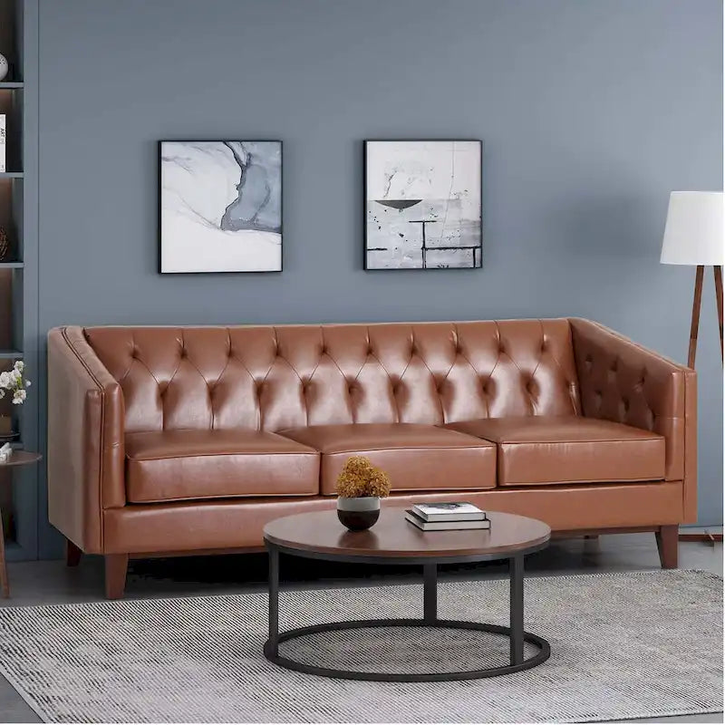 Light Brown Modern 81  Faux Leather Button Tufted 3-seater Sofa with Wood Legs for Living Room