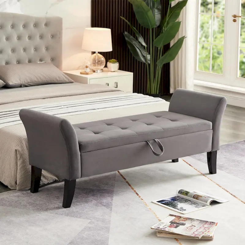 Panca letto contenitore in velluto grigio / arancione / beige, seduta singola