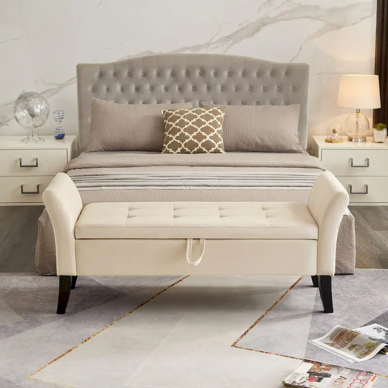 Panca letto contenitore in velluto grigio / arancione / beige, seduta singola