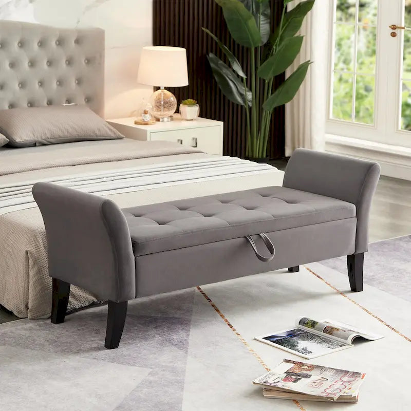 Panca letto contenitore in velluto grigio / arancione / beige, seduta singola