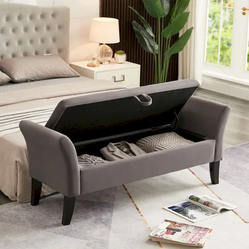 Panca letto contenitore in velluto grigio / arancione / beige, seduta singola