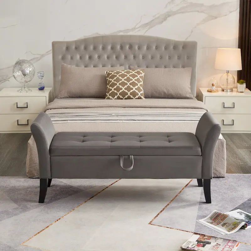 Panca letto contenitore in velluto grigio / arancione / beige, seduta singola